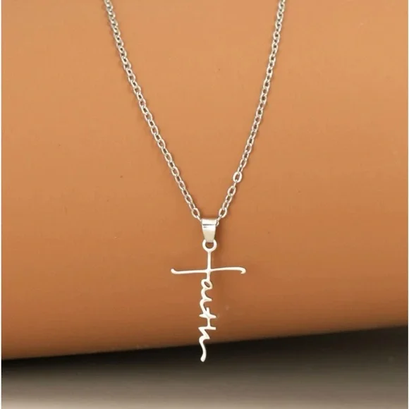 New Stainless Steel Cursive Faith Cross Religious Silver Minimalist Necklace - Picture 8 of 13